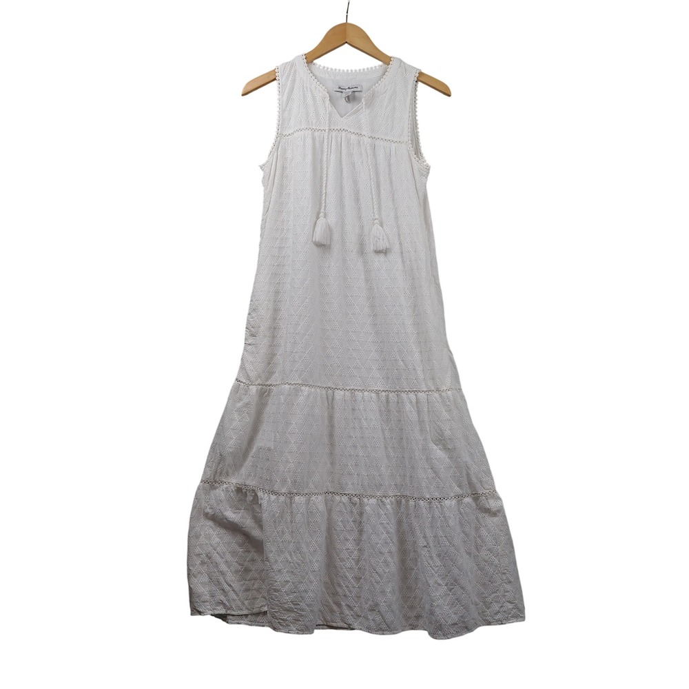 Tommy Bahama White Eyelet Tiered Maxi Dress Sleeveless Cotton‎ Tassels XS
